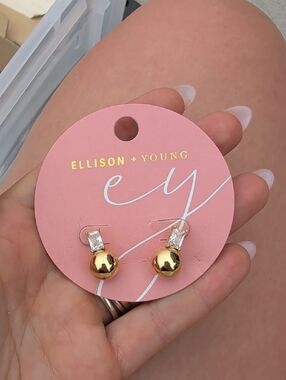 Ellison + Young Gold Ball Drop Earrings with Clear Stone Accent
